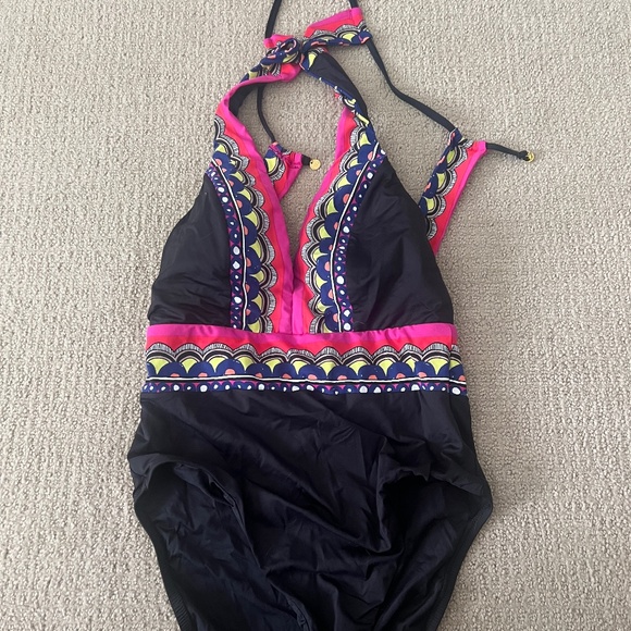 Trina Turk One-Piece Halter Swimsuit Black Pink Multicolor Print Size 6 - Picture 1 of 2